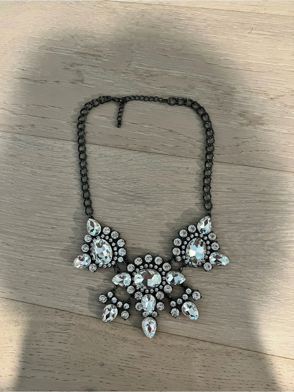 Clear Crystal Bib Necklace in Gunmetal Chain